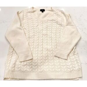 Lands End Drifter Women 2X Cream Cable Knit V-Neck Pullover Sweater Ivory 20W-22